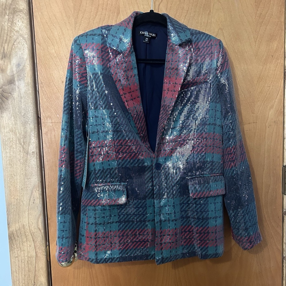 NWT Johnny‎ Wujek Sequin Plaid Holiday Blazer Extra Small Holiday Free Shipping